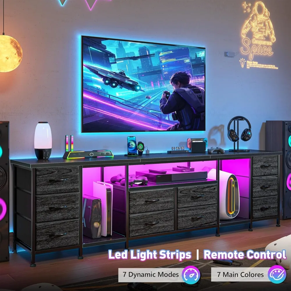 Suporte de TV de 75, 80, 85 polegadas, com 10 gavetas de tecido, centro de entretenimento de 75,5 W com luzes LED e tomadas de energia, suportes de TV