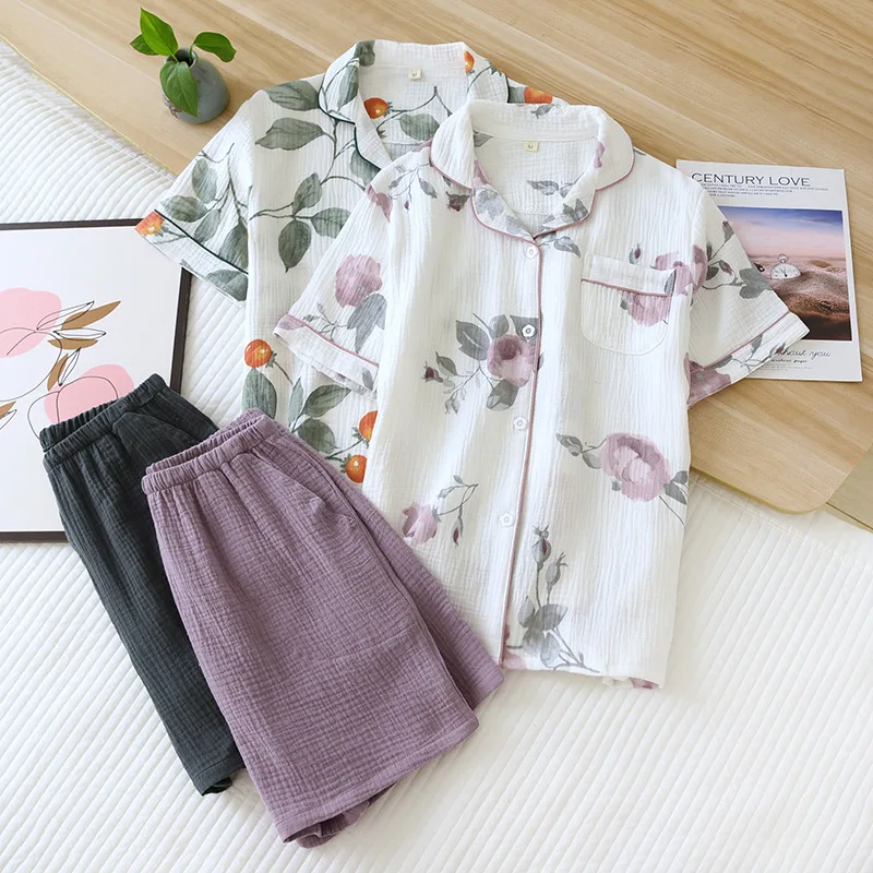 Summer New 100% Cotton Crepe Ladies Pajamas Short-sleeved Shorts Two-piece Simple Fresh And Cute Homewear Pajama Set Women