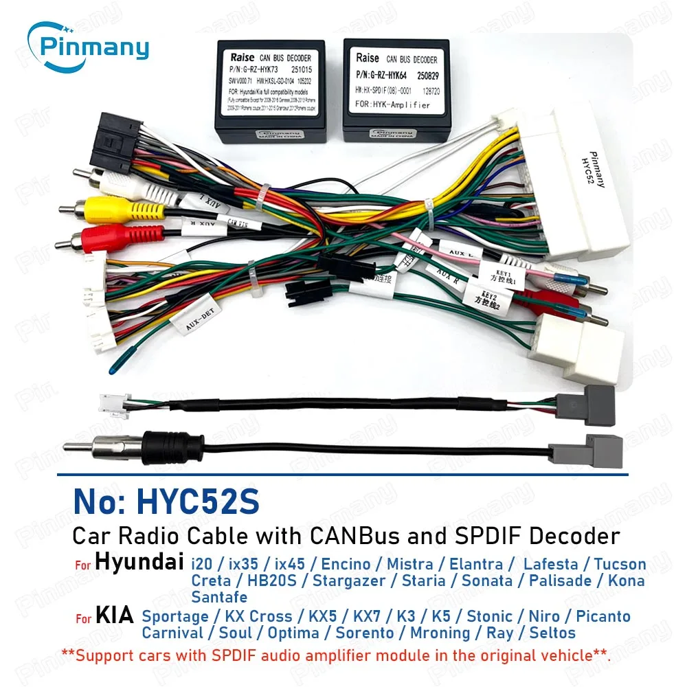 Car Radio Cable HYC52 Wire Harness Adapter with CAN Bus Decoder for Hyundai I20 Ix35 Ix45 Mistra Elantra Lafesta Tucson Santafe
