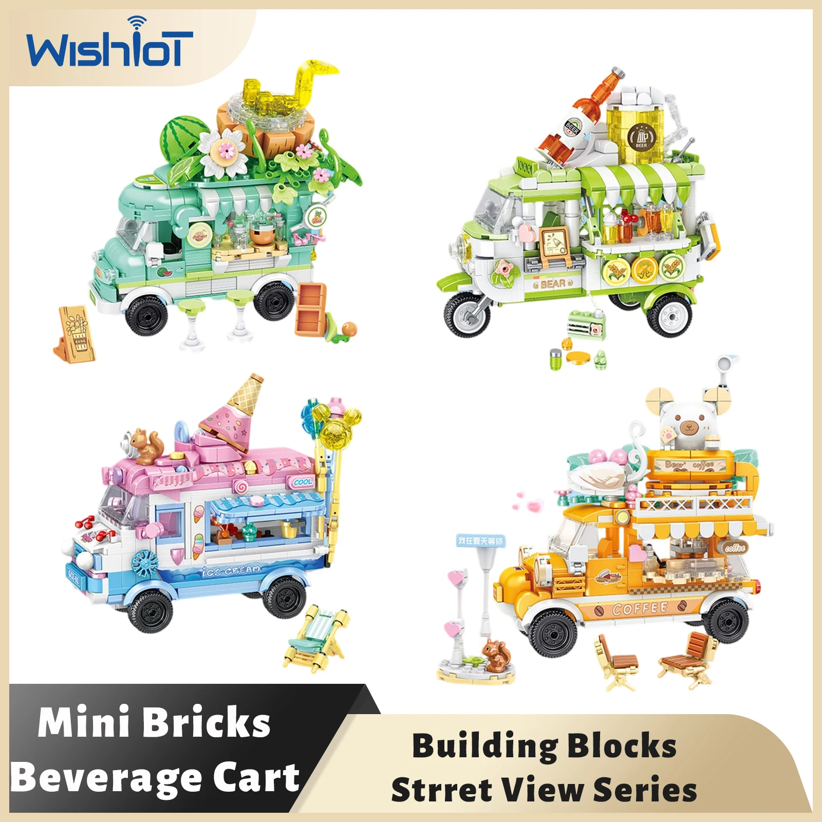 Mini Bricks Building Blocks Street View Tricycle Model Flower & Beverage Cart Beer Coffee & Dessert Car Girls DIY Toy Decor Gift