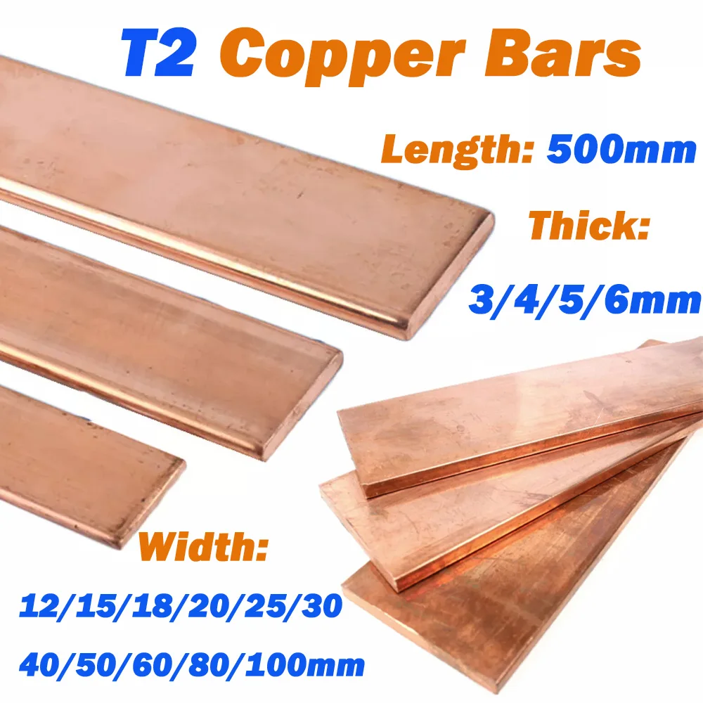 1Pcs Copper Bars Thick 3/4/5/6mm 99.9%T2 Pure Copper Metal Flat Bar Strip Width12/15/18/20/25/30/40/50/60/80/100mm Copper Plate