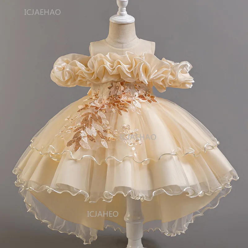 Girls Flower Girl Dress with Train Tulle Princess Gown Christmas Birthday Party Pageant Formal Dresses Kids Children Clothing
