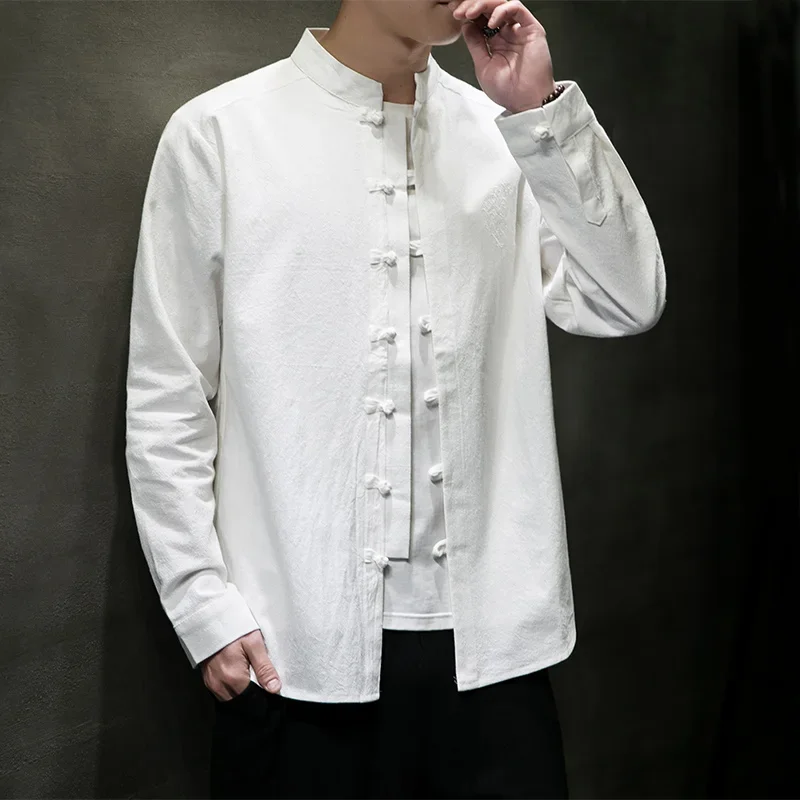 2025 Spring New Men Chinese Style Cotton Linen Shirt Men Solid Color Loose Shirts Traditional Kung Fu Tai Chi Hanfu Shirt