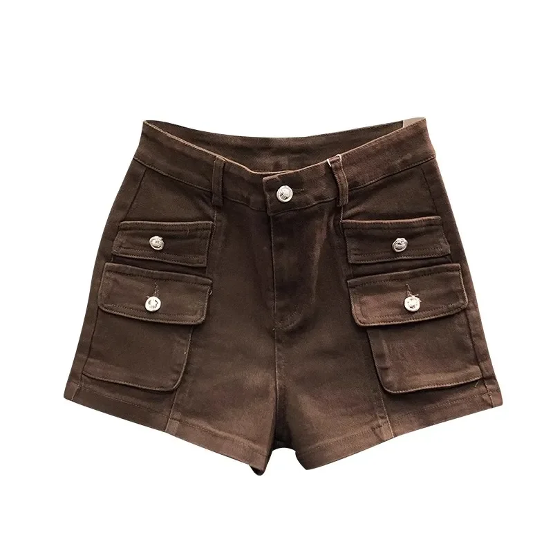 

Women's Brown High-Waisted Cargo Shorts Multi-Pocket Casual Denim Shorts