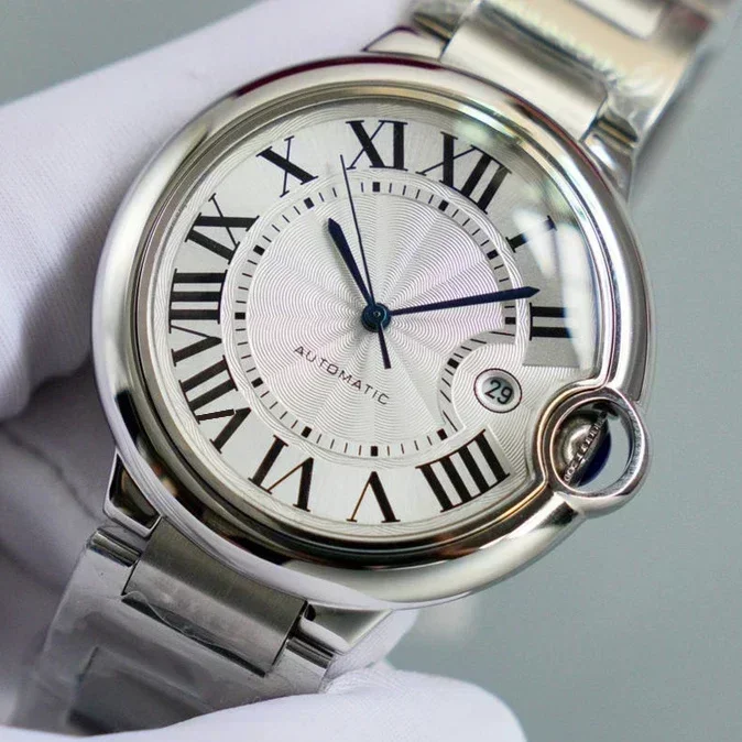 New Mens Automatic Mechanical Blue Watch 904L Stainless Steel Balloon Sapphire Leather Black Blue