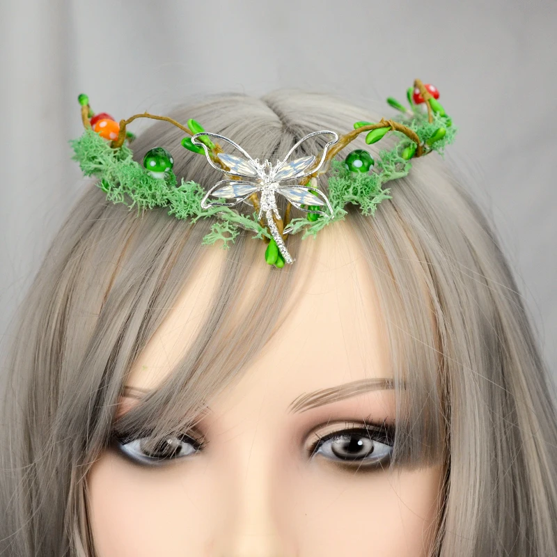 Fairy Mushroom Moss crown Tiara Halloween Forest Hair Wreath Woodland Hairband Wedding Crown Elf Crown