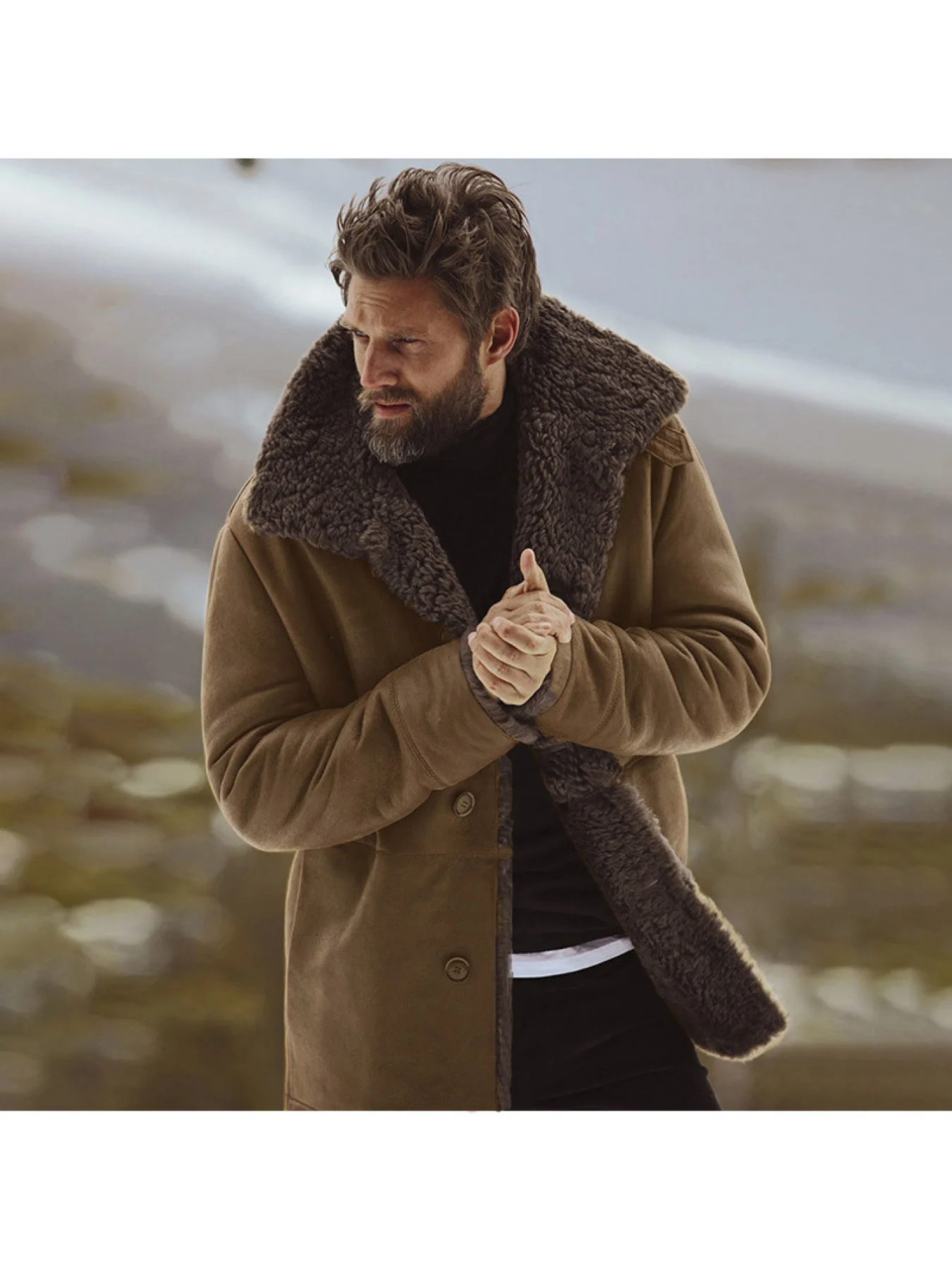 A Men's Warm Fleece-Lined Jacket Featuring Durable Faux Suede Fabric and Thick Lining Designed for Practical Windproof Protect