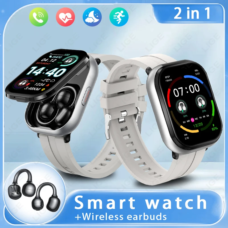 

LIGE 2.01" HD Screen Heart Rate Sport Fitness Smartwatch with Earphones 2 In 1 Bluetooth Call TWS Headset Smart Watch Men Women