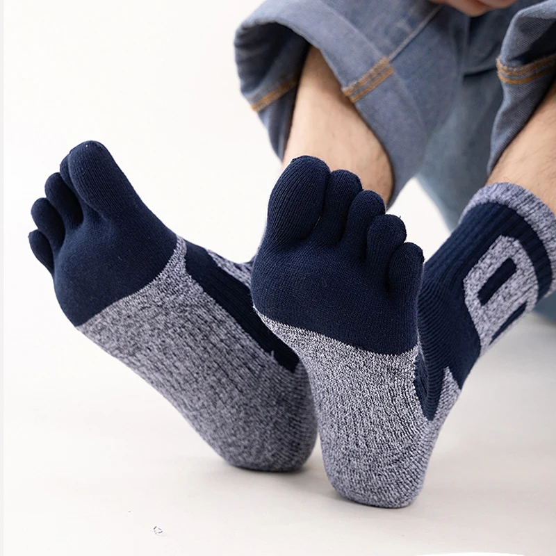 3 Pairs Man Toe Terry Socks Sport Thick Cotton Compression Towel Bottom Fitness Outdoor Basketball Hiking Cycling 5 Finger Socks