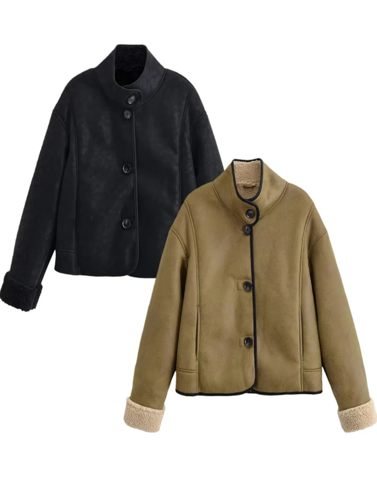 Dwustronna kurtka ze sztucznej skóry, dojazdy do pracy, prosty styl, nowość, odzież damska, dekoracja guzikami, krój prosty.