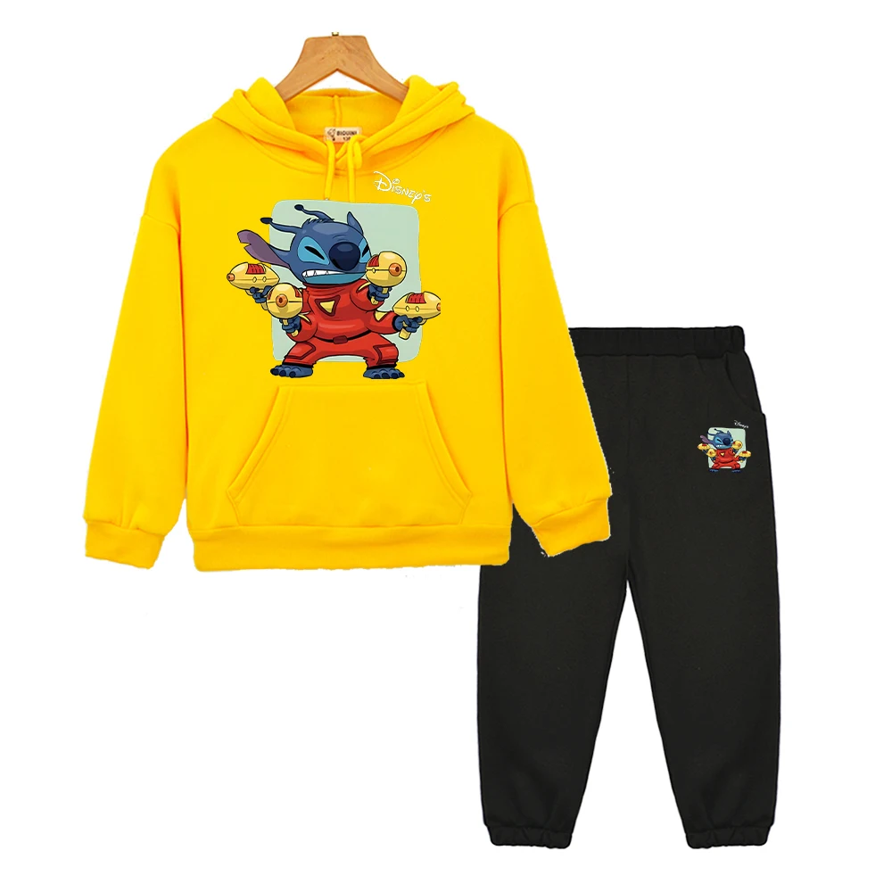 Stitch Anime hoodie kaus bulu domba olahraga anak laki-laki perempuan set bertudung olahraga Disney kasual 2 potong pullover + Celana Jaket pakaian butik anak-anak