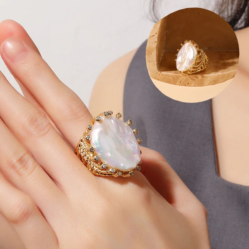 Resizable Natural Freshwater White Coin Pearl Ring Zirconia Party Anniversary Jewelry for Women Lady Gift