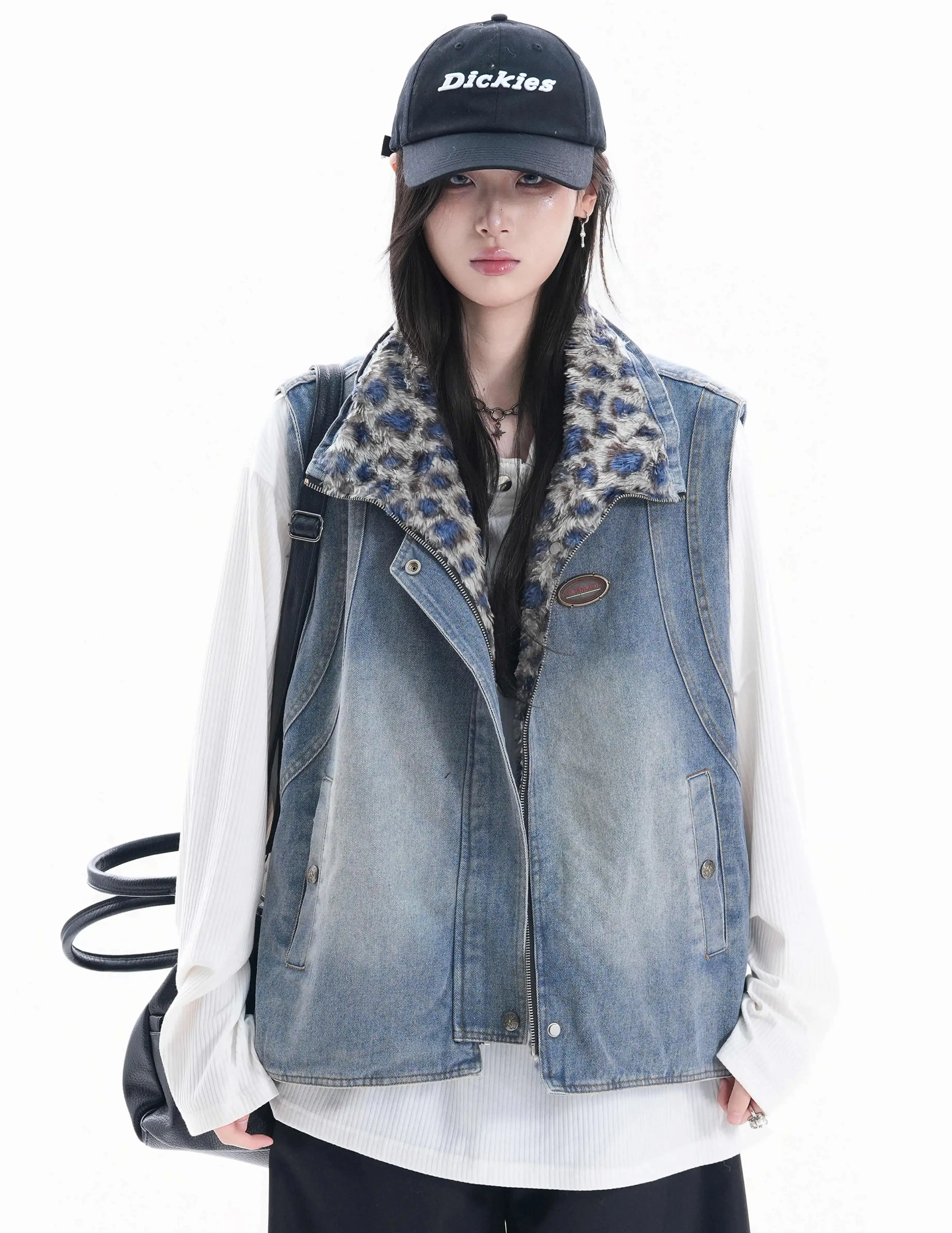 American Vintage Washed Denim Leopard Print Double-sided Layered Vest 2026 Women Spring Fall Warm Vest Jacket