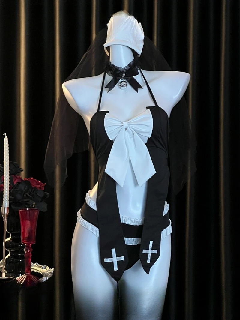 فستان راهبة تنكري مثير ساخن ، نمط موحد للممرضات الرغبة النقية ، زخرفة فيونكة مغرية ، زي لعب الأدوار الليلي ، مثير