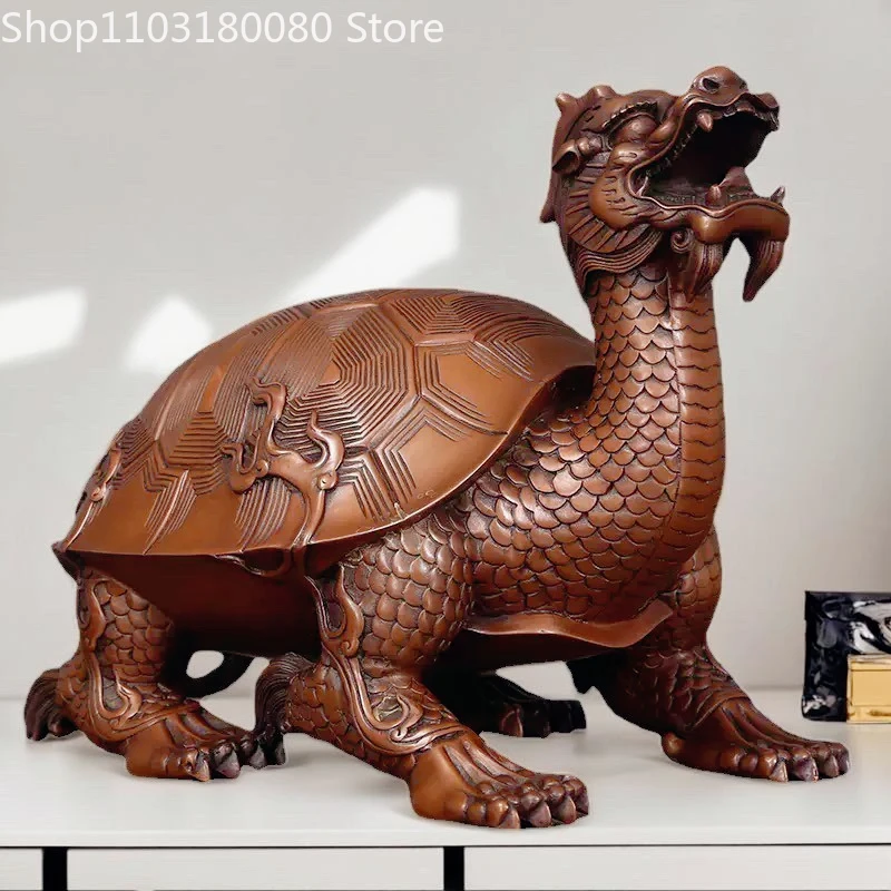 Red copper carving Dragon Turtle sculpture Chinese Lucky Fengshui decor,22cm,12cm,9cm