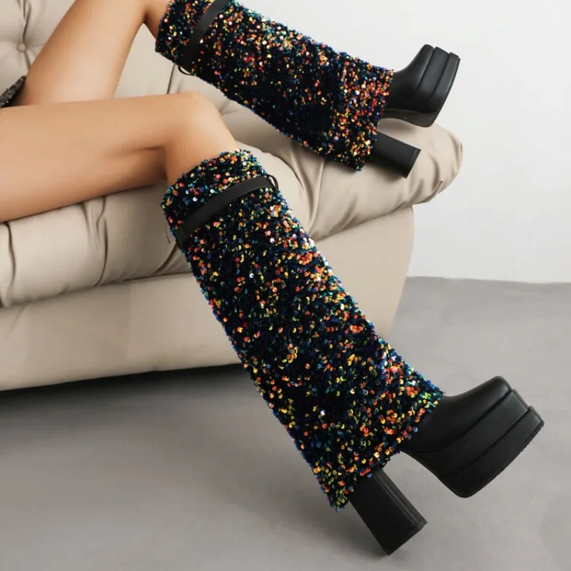 2023 European and American High-quality Sequin Cloth Thick High Heels Thick Soled Skirt Boots for Women's Sexy Spicy Mom Boots