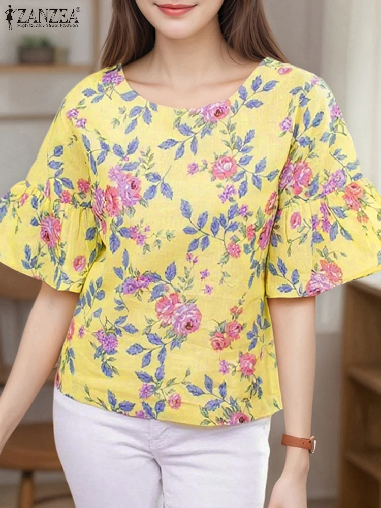 

ZANZEA Bohemian Floral Printed Blouses Women Summer Vintage Tunic Tops Fashion Flare Sleeve Beach Shirt Casual Loose Holiday Top