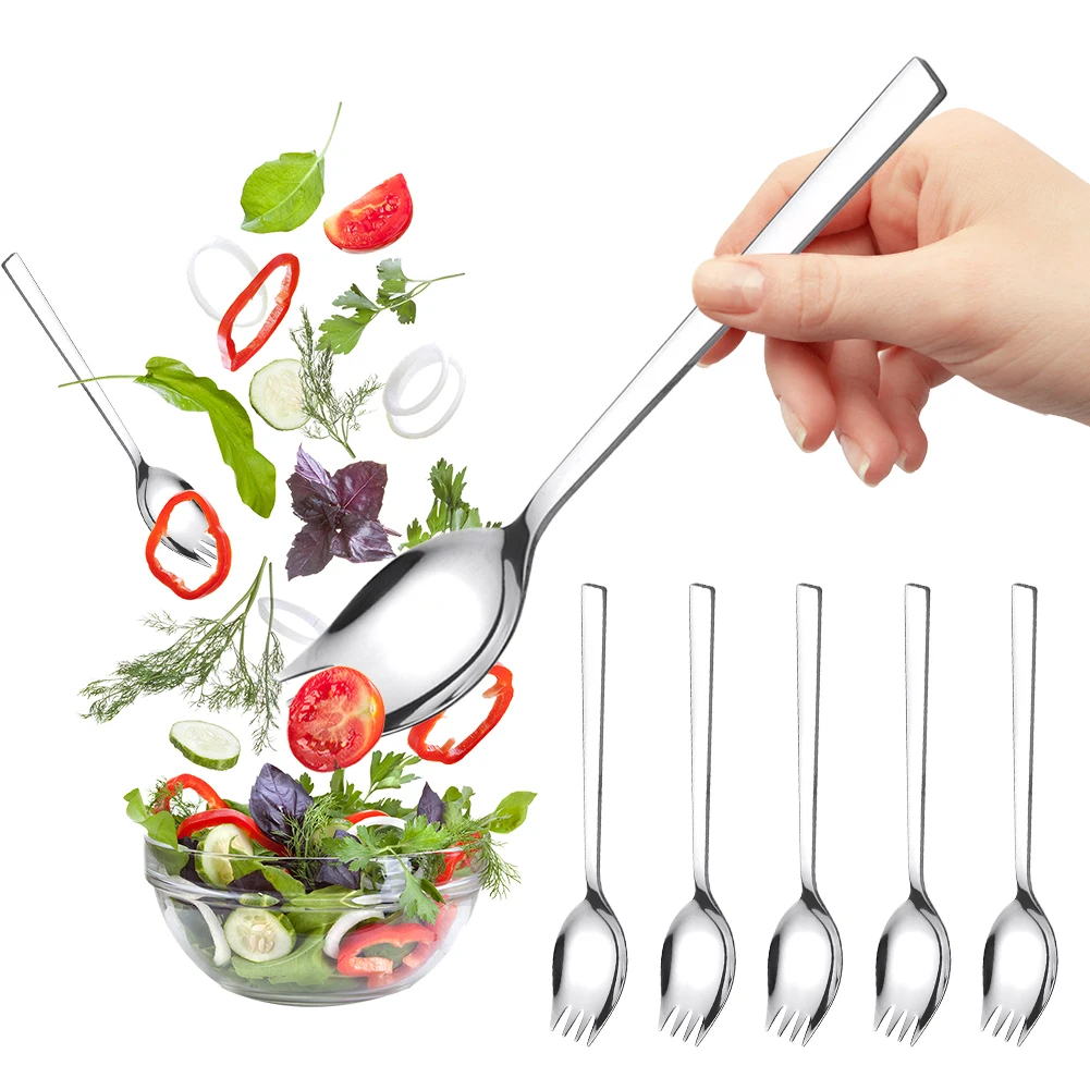 

5Pcs Spork Stainless Steel Spoon Fork Cutlery Long Handle Portable Noodle Fork for Dessert Ice Cream Salad