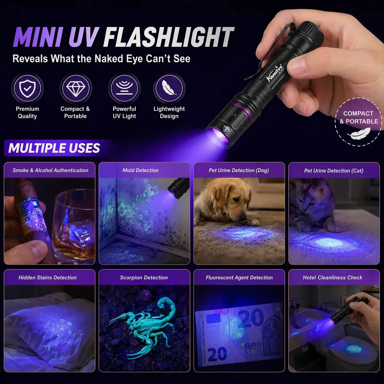 Mini UV Pen Light 365nm/395nm Led Flashlight Blacklight Torch Cat Pet Urine Tinea Money Porcelain Jade Gem Scorpion Check Lamp