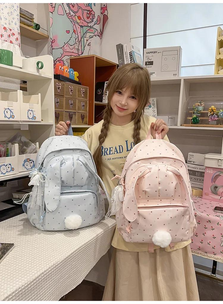 Large capacity school backpack for girls Cherry pink peach rabbitt wavepointcutebackpacksforteengirlsTravelandplaygirlsbackpack