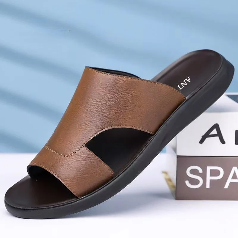 Men Real Leather One Word Slipper Sandals Summer New Soft Sole Non Slip Lightweight Breathable Outdoor Beach Slippers Sandals