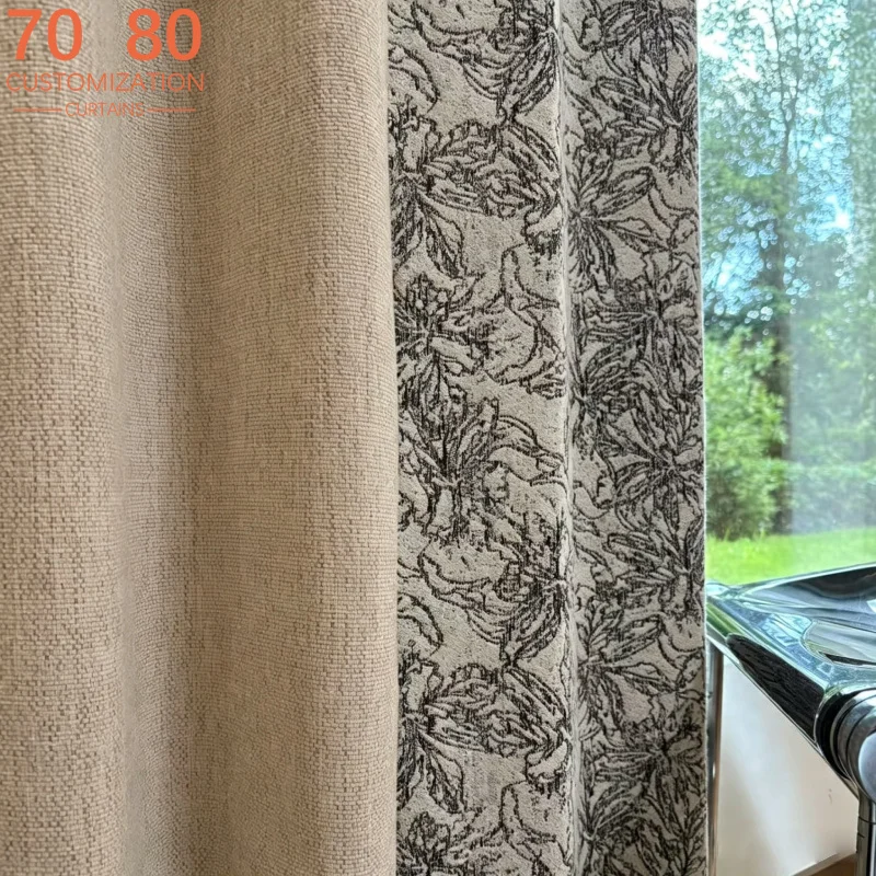 Black and White Lines Jacquard Stitching Chenille Cotton Blackout Curtains for Living Room Bedroom French Window Customized
