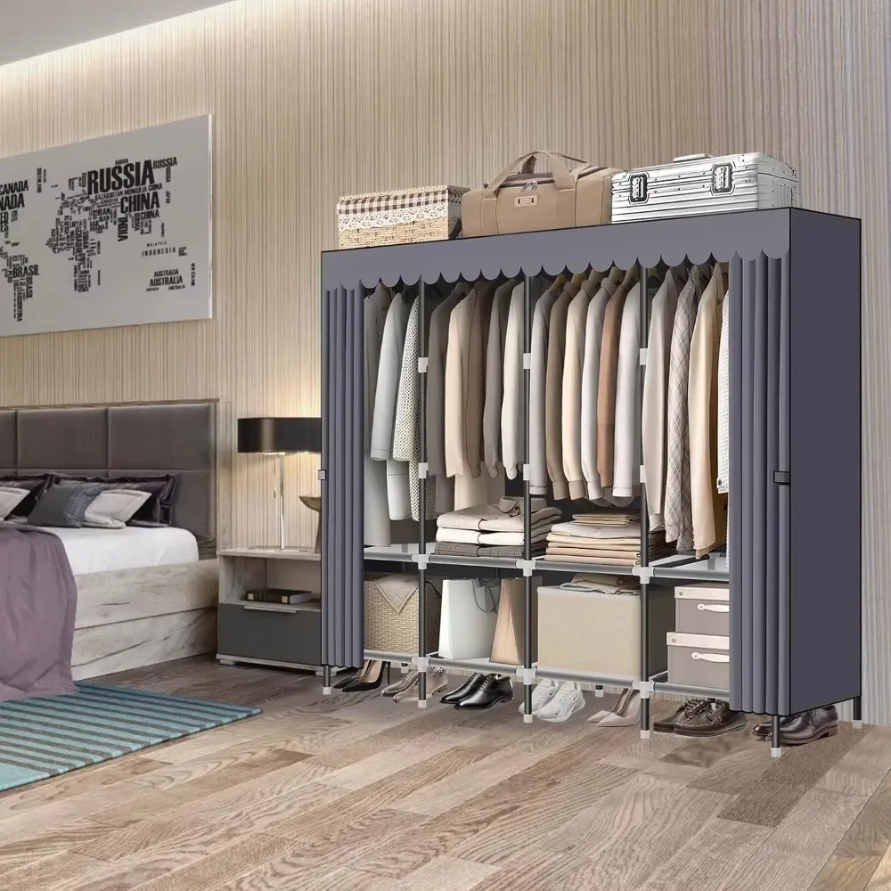 

Wardrobe, gray zippered portable wardrobe, portable wardrobe for hanging clothes with 4 booms and lockers