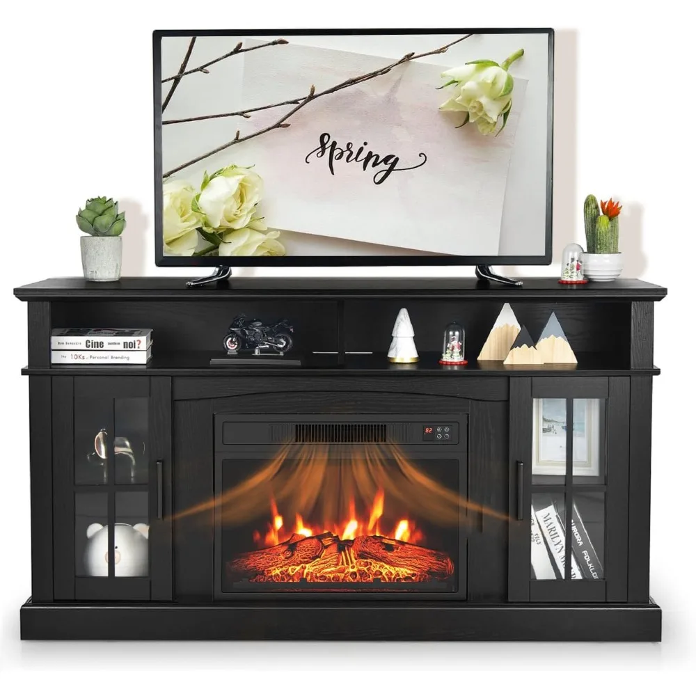 Electric Fireplace TV Stand, Suitable for TVs Under 65 Inches, with A 23 Inch Fireplace, 2 Open Shelves, and Cabinets