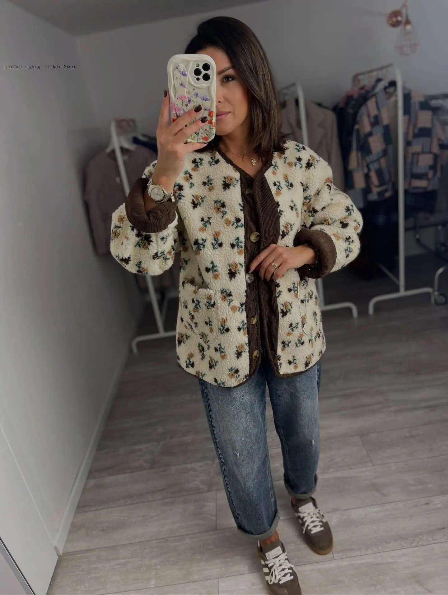 Ležérní kulatý výstřih s jedním řadovým zapínáním na kapsy, volné bundy, dámské denní dojíždění, kancelářský kabát, dámská tištěná krátká fleecová bunda - náhled 6