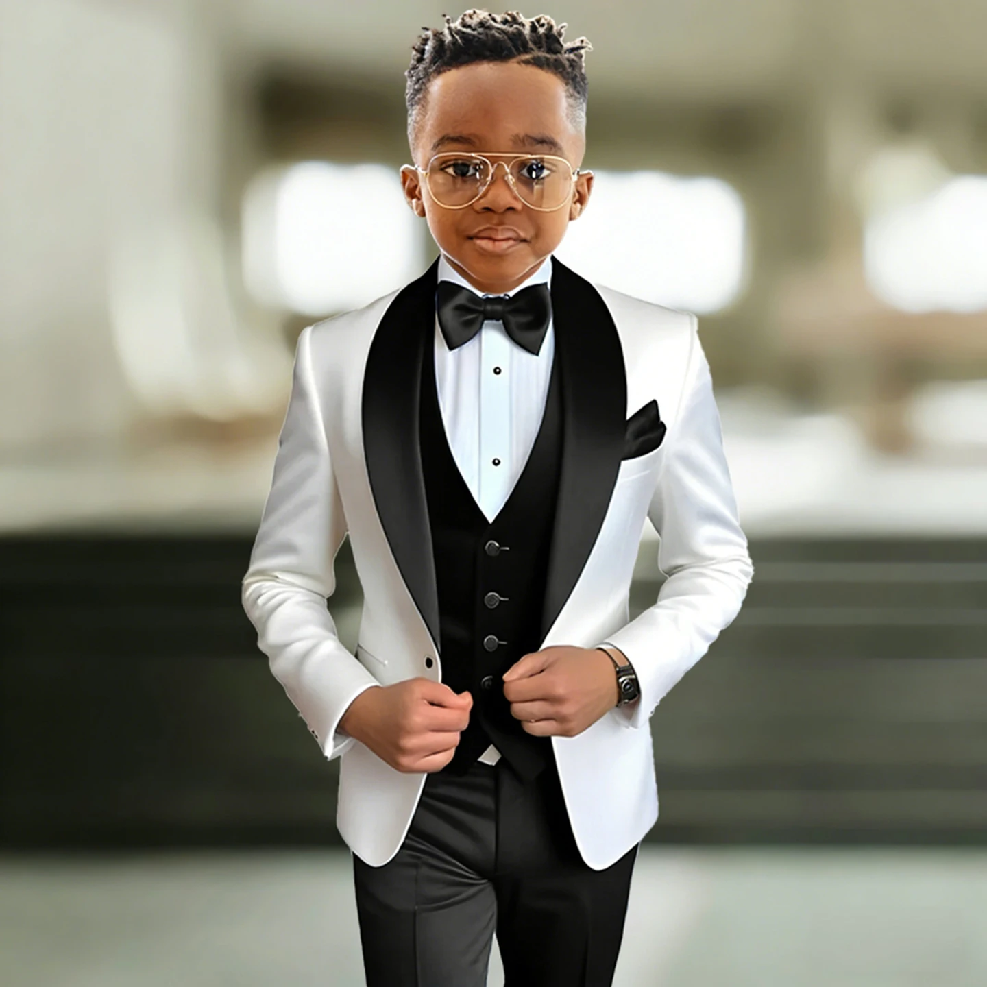 

Sophisticated White and Black Boys Formal Tuxedo Suit Set Long Sleeves and Peak Lapel Suit Set Regular Length Boys Suit Set