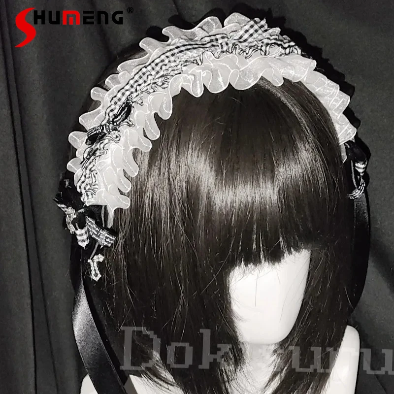 

Оригинальный новый японский стиль, субкультура, массовое производство, повязка для волос, черно-белая клетчатая кружевная повязка на голову со стразами в форме сердца