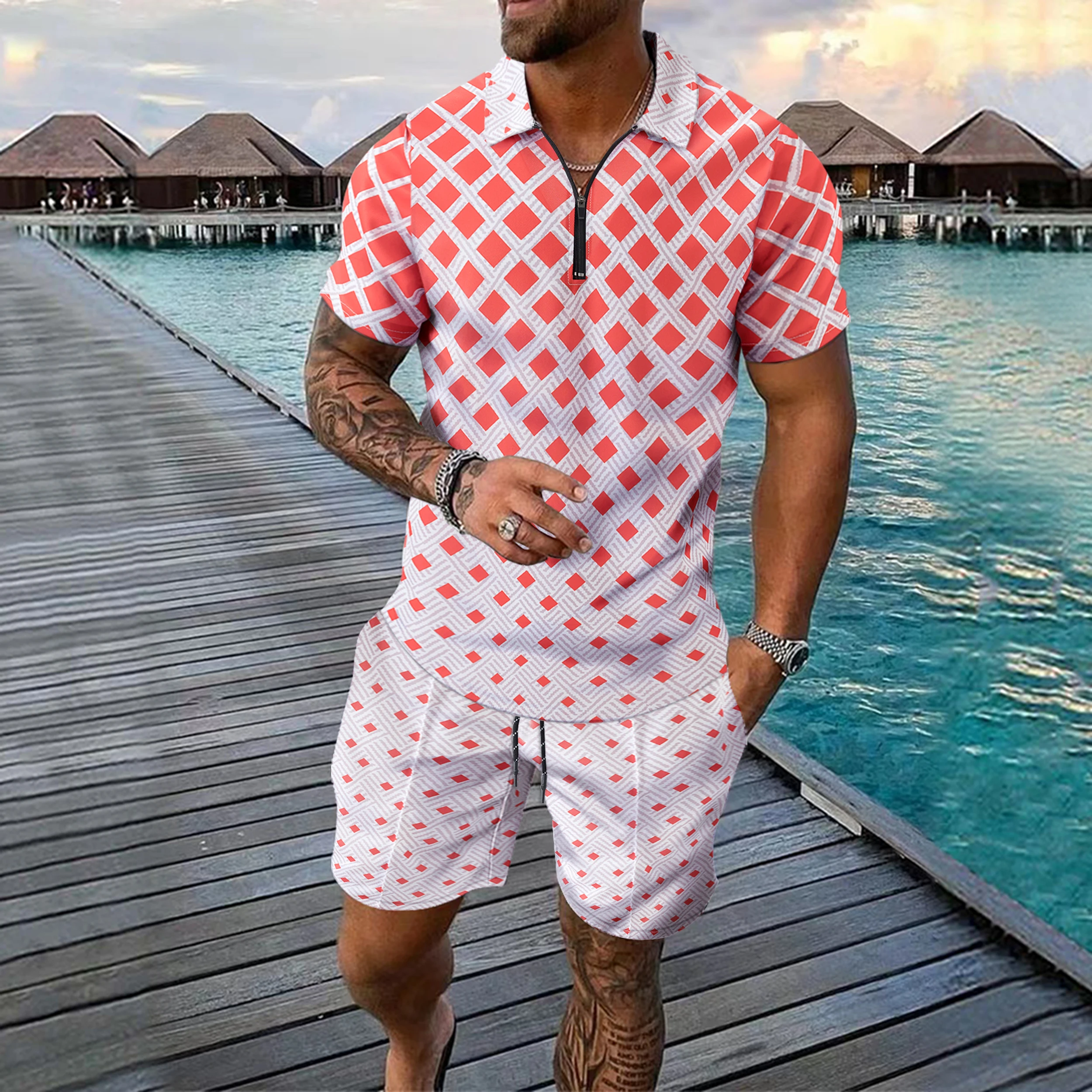 Bild 7: Interessantes Herren-Kurzarm-Set mit 3D-Karomuster, modischem Reißverschluss-Poloshirt und Shorts, lockeres Sommer-T-Shirt-Set