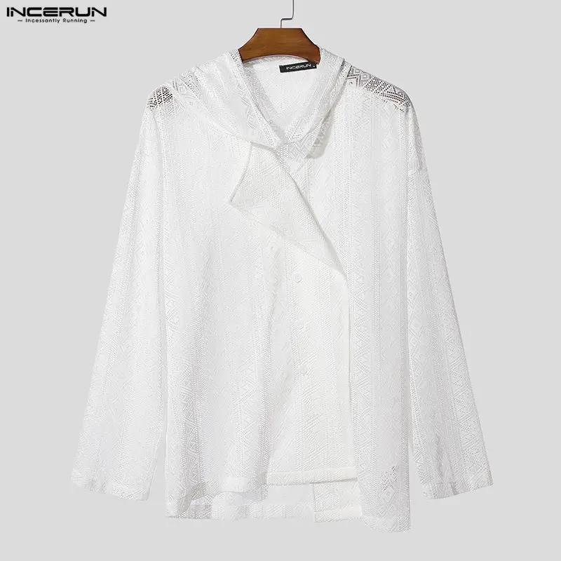 INCERUN الرجال قميص الدانتيل انظر من خلال الياقة المدورة طويلة الأكمام فضفاضة الرجال الملابس الشارع الشهير موضة ملابس علوية غير رسمية قمصان الذكور #4