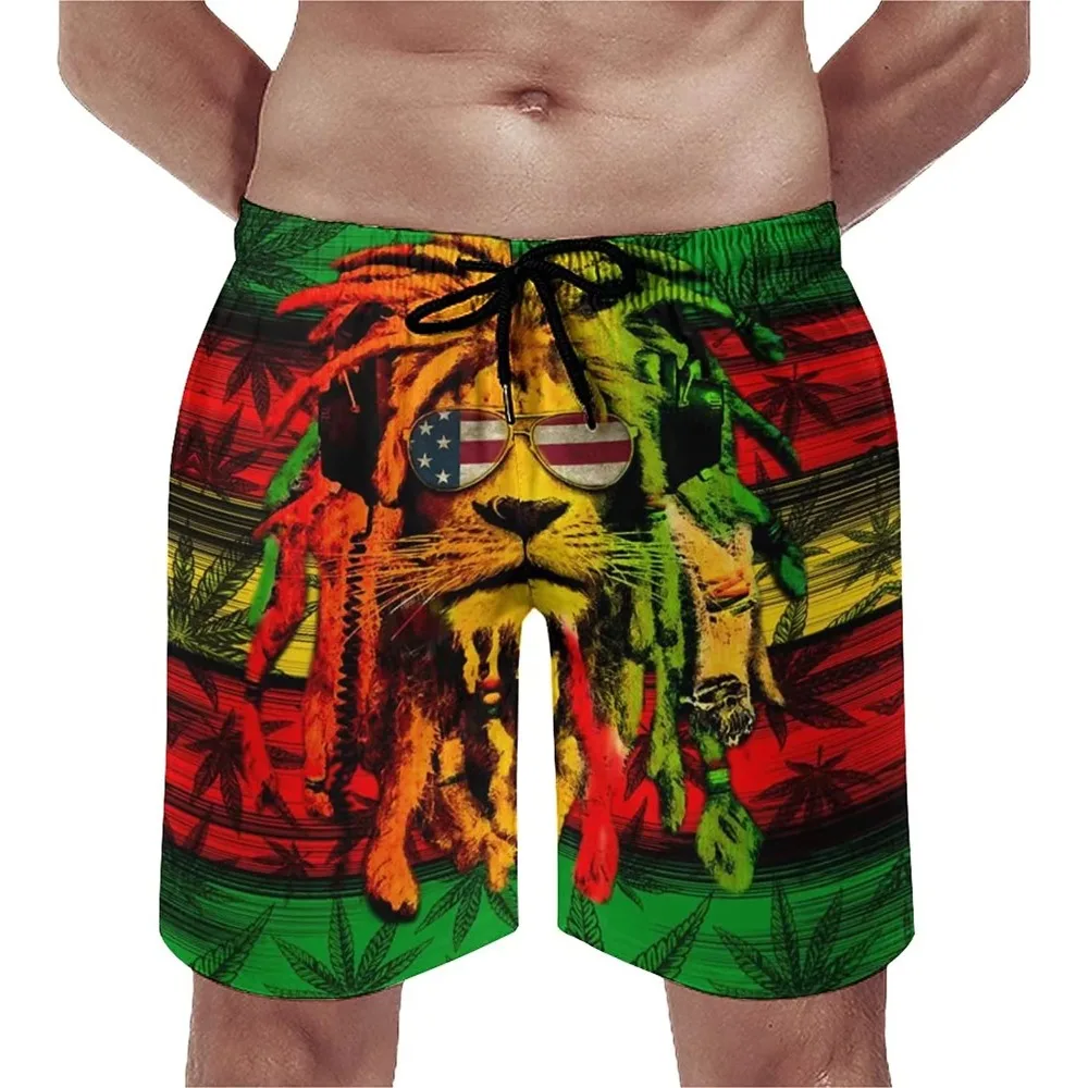 Jamaican Flag Swim Trunks for Men Lion Beach Short Board Short Swimming Trunks with Mesh Lining Men's Novelty Swimwear