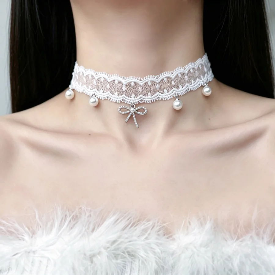 White Lace Sexy Choker for Women Fashion Sparkling Bow with Pearls Necklace Clavicle Lady Jewelry Accessories Girl Gift