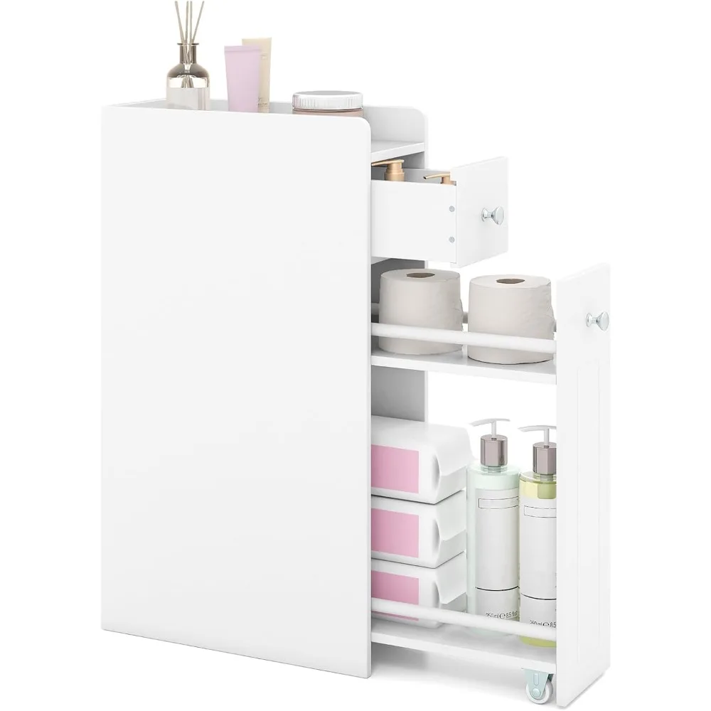 

Slim Bathroom Storage Cabinet, 4-Tier Narrow Small Side Storage Cabinet Next to Toilet, Slide Out Drawers on Casters