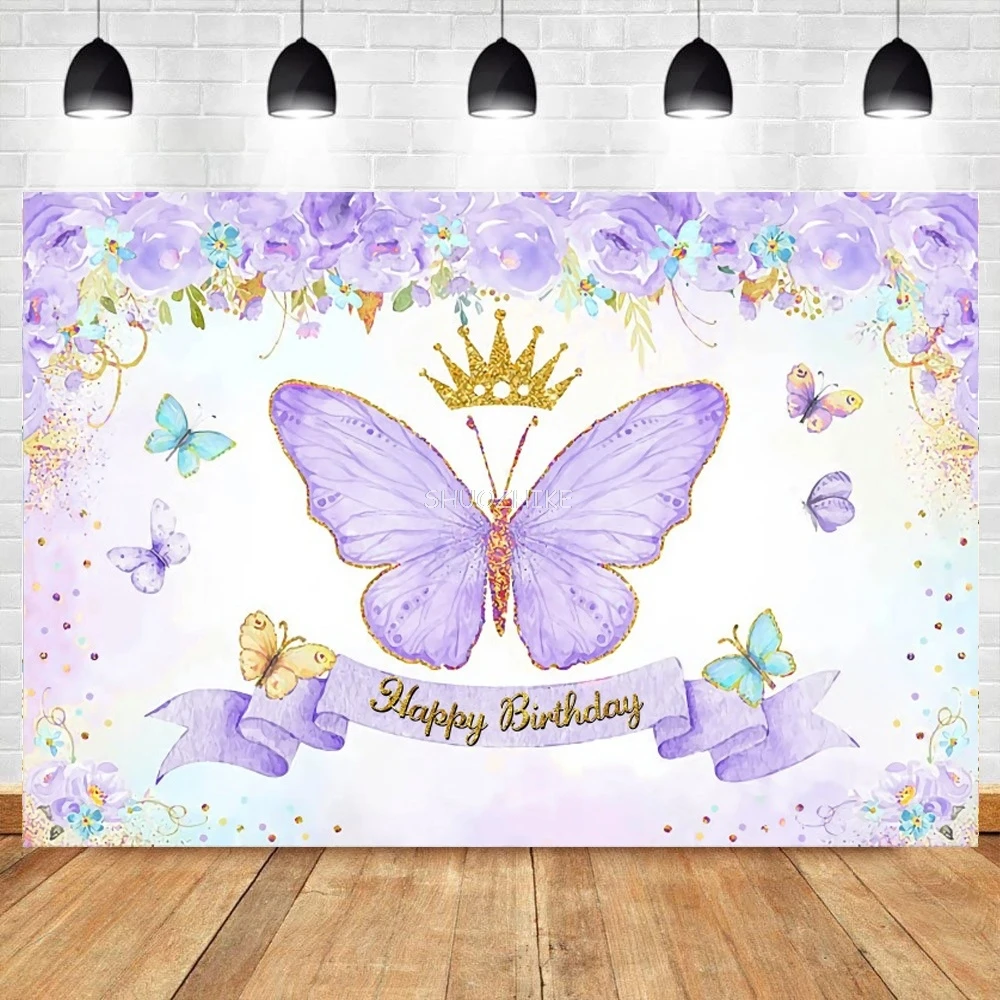 Cartoon Butterfly Backdrop Photography Girl First Birthday Party Flower Gold Dots Baby Shower Photo Background For Photo Studio