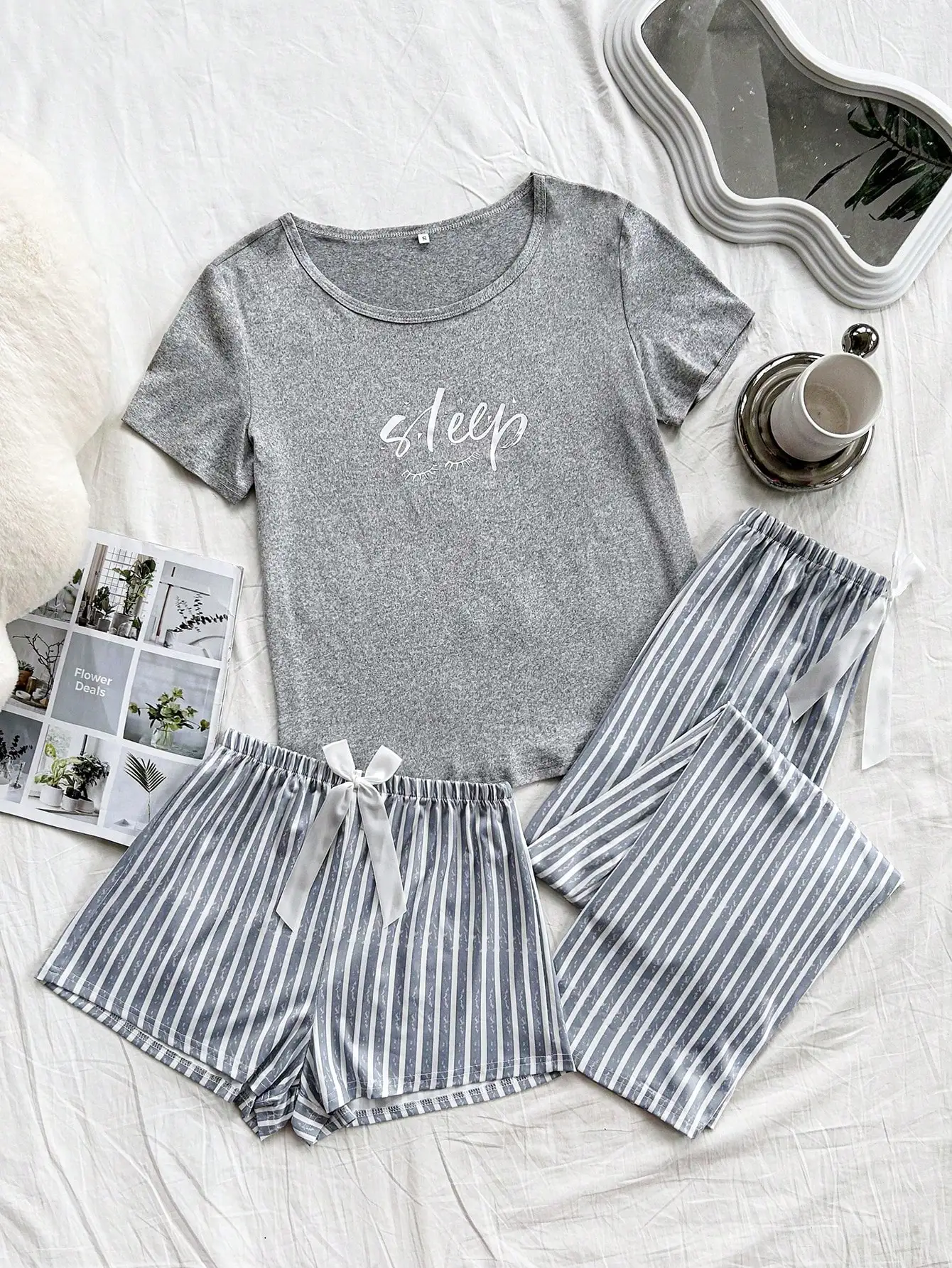 

Women's 3-Piece Sleepwear Set: Gray Top with 'Sleep' Print + Striped Shorts & Long Pants