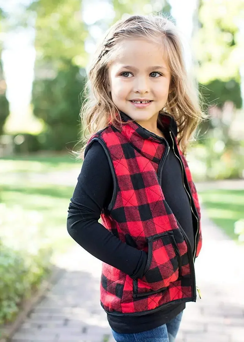 Toddler Baby Girl Plaid Zipper Jacket Kids Sleevless Fall Winter Warm Waistcoat Vest Pocket Coat Tops