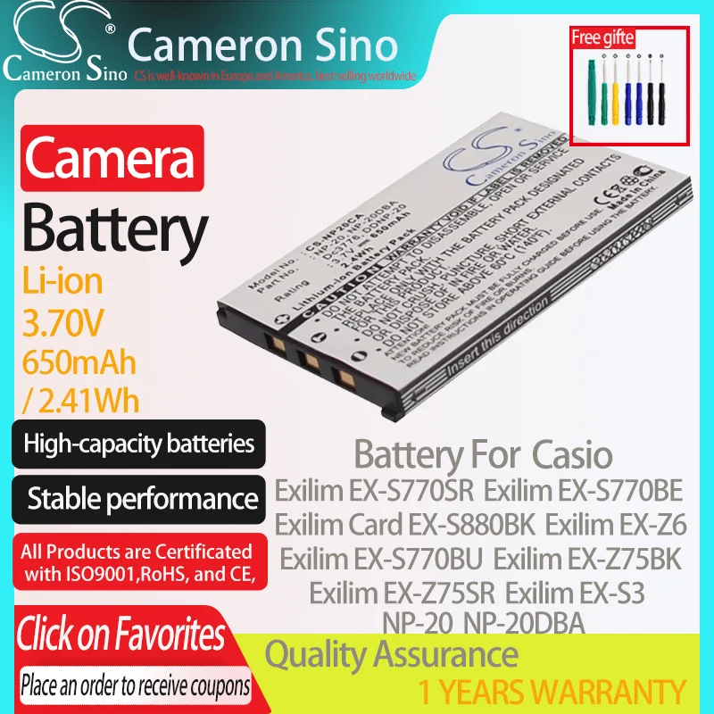 CameronSino Pin Cho Đồng Hồ Casio Exilim EX-S770SR Exilim EX-S770BE Exilim EX-S770BU Exilim EX-S3 Phù Hợp Với Đồng Hồ NP-20DBA Pin Máy Ảnh