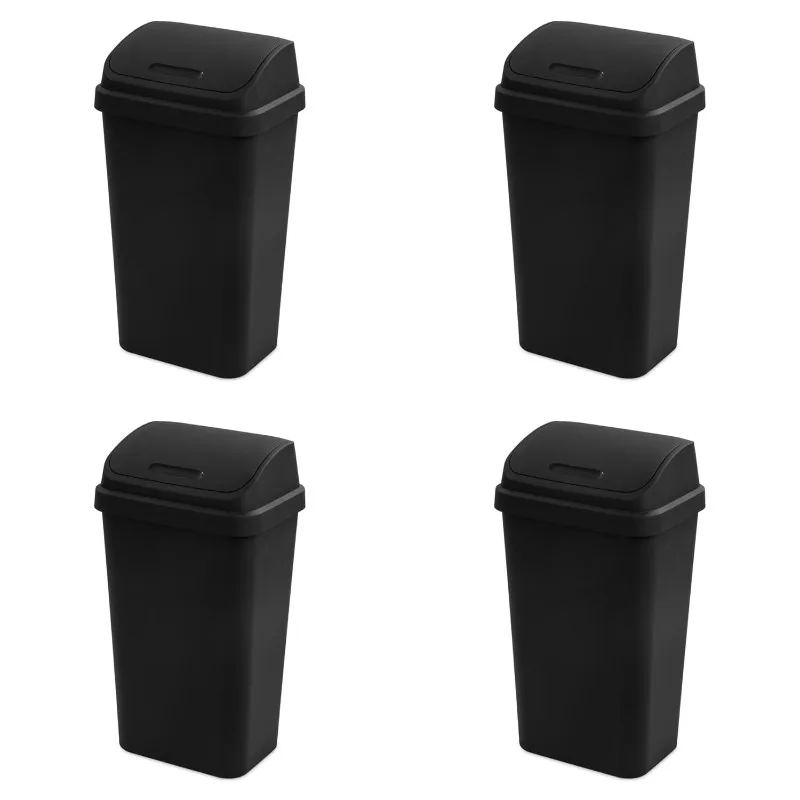 

4-Pack Swing Top Wastebasket, Sleek Square Profile Trash Can, 13 Gallon, Black - Modern Garbage Bin for Kitchen, Bathr