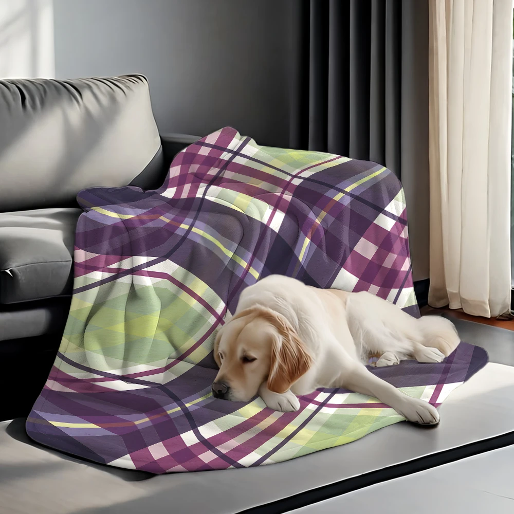 Purple Green Diagonal Plaid Flannel Fleece Throw Blanket for Couch Sofa Lightweight Cozy Plush Blanket for Travel Office Nap