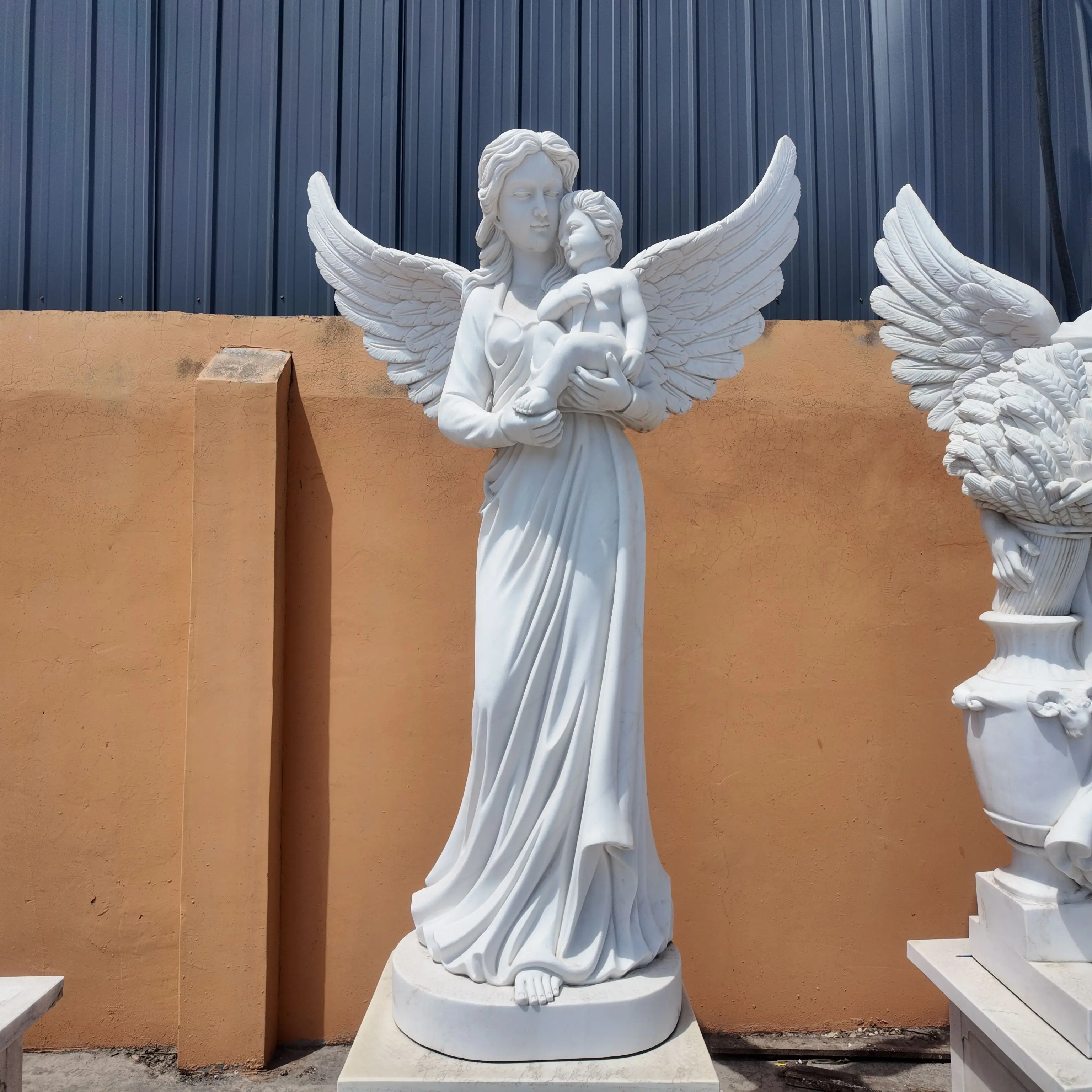Grade Han White Marble Guardian Angel Holding Infant Sculpture Life Size Hand Carved Stone Angel Statue For Church Lobby