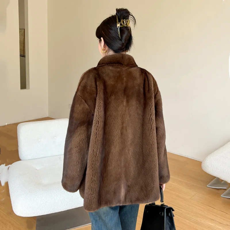 Veste en fourrure de vison naturel véritable pour femmes avec col montant, vêtements chauds d'hiver, long manteau en fourrure de vison femme, nouvelle mode, 2024