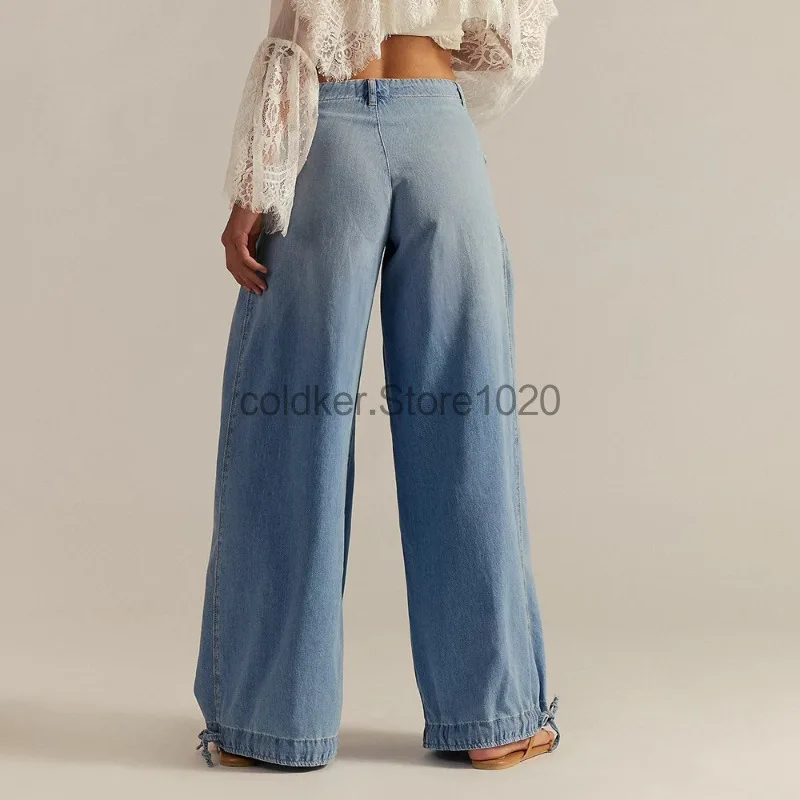 New Women Washed Pleated Mid-waist Jeans Four Seasons Fashion Loose Straight Jeans Casual Wide-leg Lotus Pants Female Streetwear