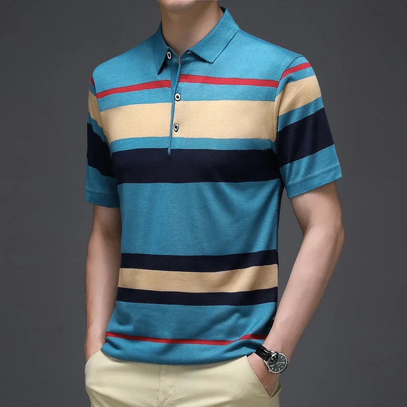 2024 Summer New Men\'s Knitted Stripe Short Sleeved POLO Shirt Comfortable and Cool Casual Fashion T-shirt