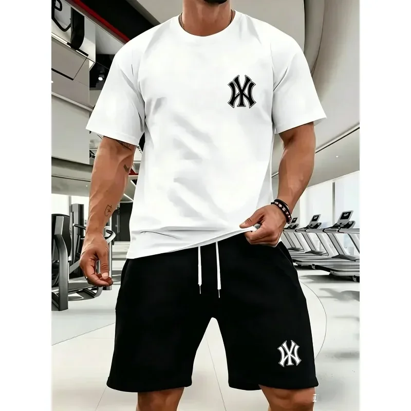 

New Summer Fitness Sportswear for Men, Short-sleeved T-shirt and Shorts Two-piece Set, Breathable and Quick-drying Casual Wear.