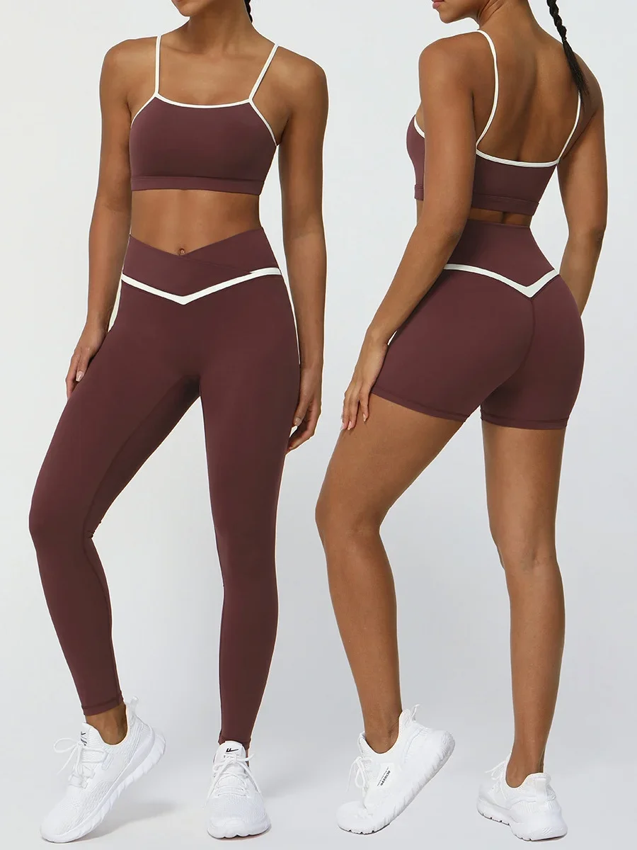 

Sexy Spaghetti Strap Yoga Set Color Blocked Short Legging Cross Sport Bra Fitness Suit Comprehensive Training Jogging Tracksuit