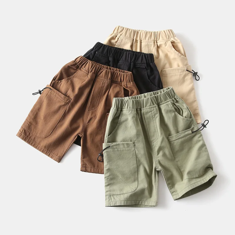 Boys Cargo Shorts Kids Elastic Waist Casual Shorts Multi-Pocket Drawstring Summer Solid Loose Streetwear Pants for Children