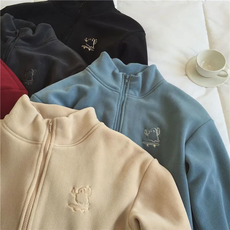 Sweat-shirt ouvert en polaire chaude pour femme, vêtement d'extérieur à manches longues, veste polaire épaisse, fermeture éclair, col haut brodé